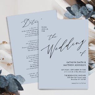 Dusty Blue Modern Script All In One Simple Wedding Invitation