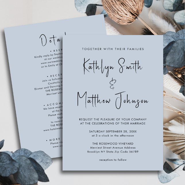 Dusty Blue Modern Script All In One Simple Wedding Invitation (Creator Uploaded)