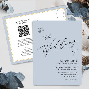 Dusty Blue Modern Script All In One Simple Wedding Invitation Postcard