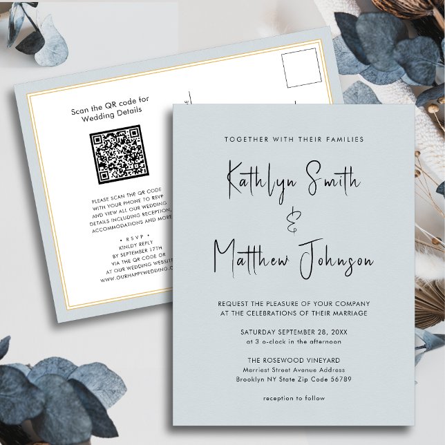 Dusty Blue Modern Script All In One Simple Wedding Invitation Postcard (Creator Uploaded)