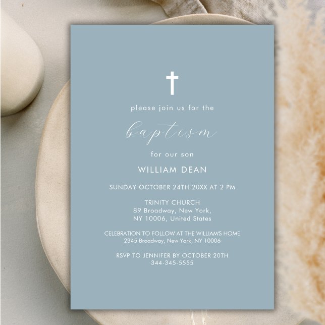Dusty Blue Modern Script Boho Gold Cross Baptism Invitation (Dusty Blue Modern Script Boho Gold Cross Baptism Invitation)