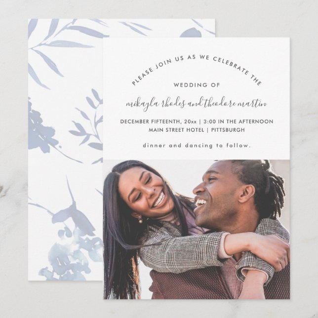 Dusty Blue Modern Script Botanical Photo Wedding Invitation (Front/Back)