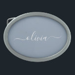 Dusty Blue Modern Script Elegant Monogram Name Belt Buckle<br><div class="desc">Dusty Blue Simple Script Monogram Name Belt Buckle. This makes the perfect graduation,  sweet 16 16th,  18th,  21st,  30th,  40th,  50th,  60th,  70th,  80th,  90th,  100th birthday,  wedding,  bridal shower,  anniversary,  baby shower or bachelorette party gift for someone that loves glam luxury and chic styles.</div>