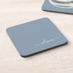 Dusty Blue Modern Script Elegant Monogram Name Beverage Coaster