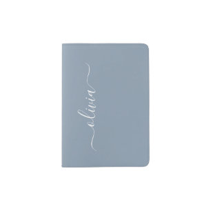 Dusty Blue Modern Script Elegant Monogram Name  Passport Holder