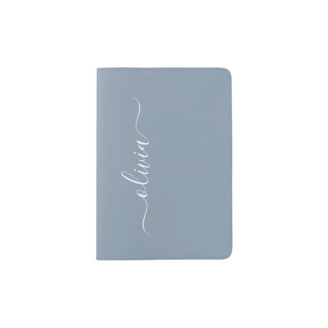 Dusty Blue Modern Script Elegant Monogram Name  Passport Holder (Front)
