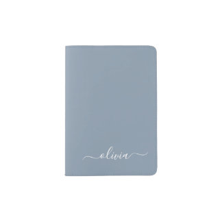 Dusty Blue Modern Script Elegant Monogram Name  Passport Holder