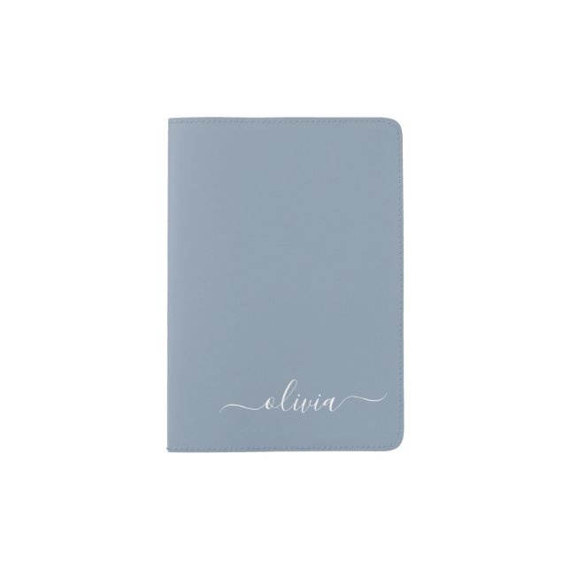 Dusty Blue Modern Script Elegant Monogram Name  Passport Holder (Front)