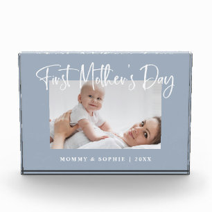 Dusty Blue   Modern Script First Mother's Day Photo Block
