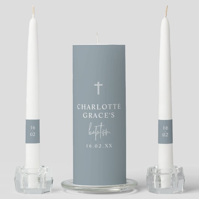 Dusty Blue Modern Script Minimalist Baptism  Unity Candle Set (Front)