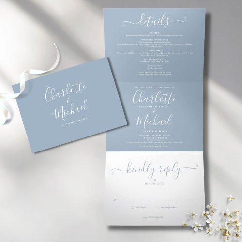 Dusty Blue Modern Script Minimalist Photo Wedding Tri_Fold Invitation