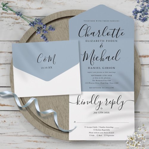 Dusty Blue Modern Script Monogram Wedding All In One Invitation