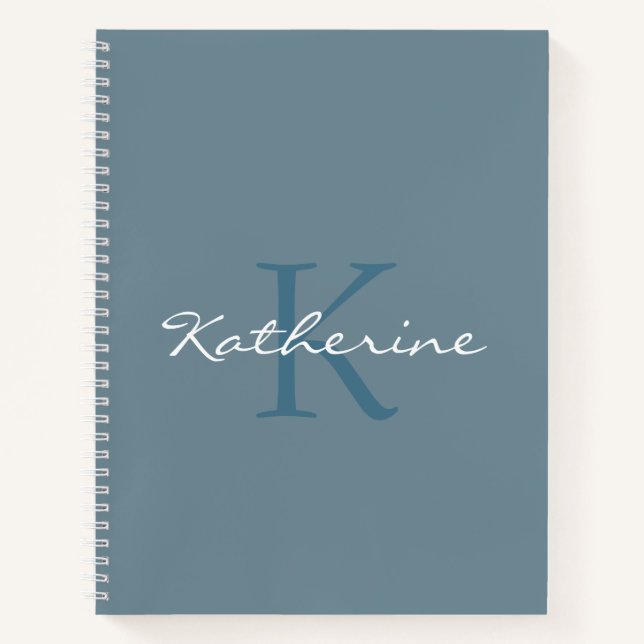 Dusty Blue Modern Script Monogrammed Name  Notebook (Front)