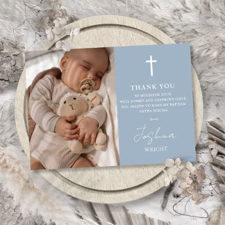 Dusty Blue Modern Script Photo Baptism Christening Thank You Card