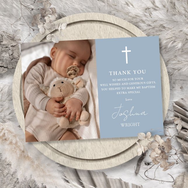 Dusty Blue Modern Script Photo Baptism Christening Thank You Card (Dusty Blue Modern Script Photo Baptism Christening Thank You Card)