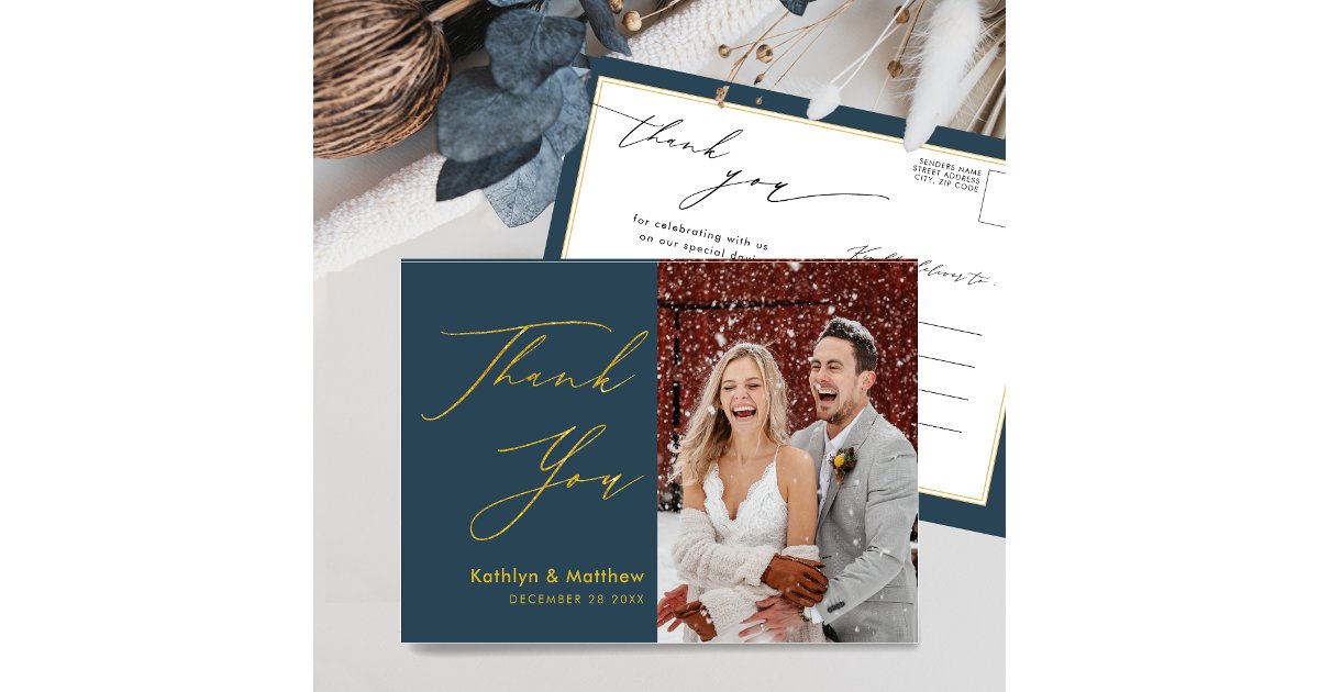 Dusty Blue Modern Script Simple Wedding Thank You Postcard | Zazzle