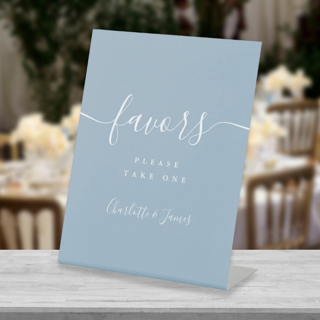 Dusty Blue Modern Script Wedding Favors Table Pedestal Sign (Creator Uploaded)