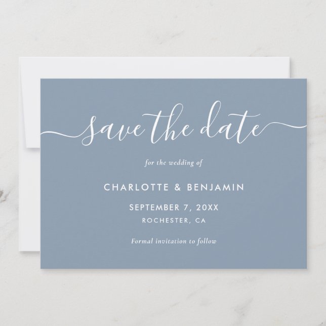 Dusty Blue Modern Script Wedding Save The Date (Front)