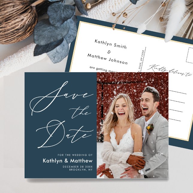 Dusty Blue Modern Script Wedding Save The Date Announcement Postcard (Creator Uploaded)