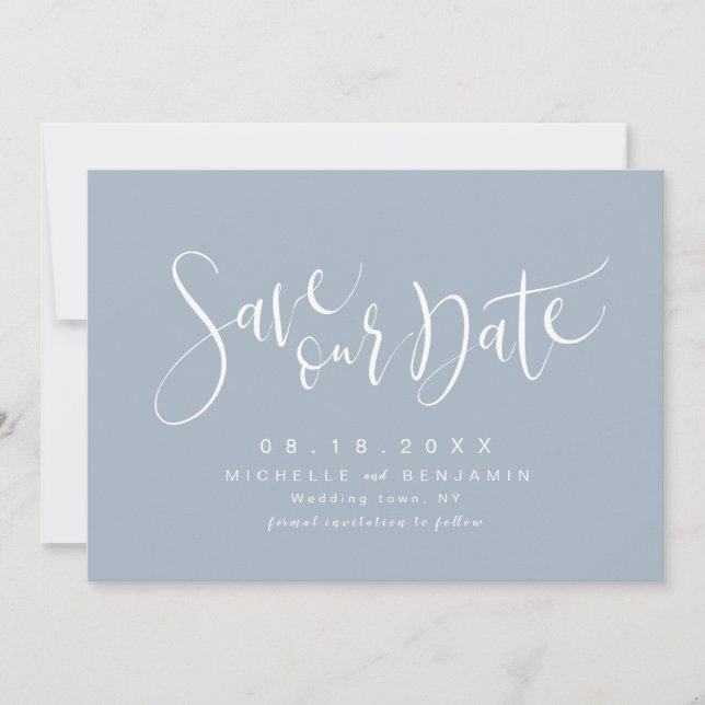 Dusty Blue Modern Simple Script Save The Date (Front)