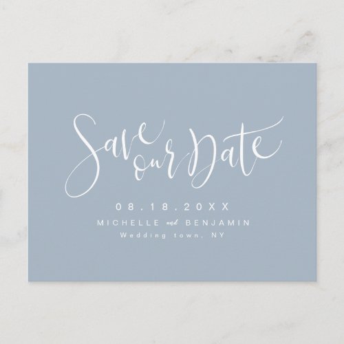Dusty Blue Modern Simple Script Save The Date Announcement Postcard