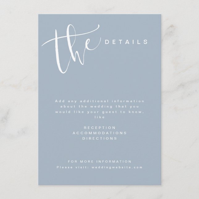 Dusty Blue Modern Simple Script Wedding Details Enclosure Card (Front)