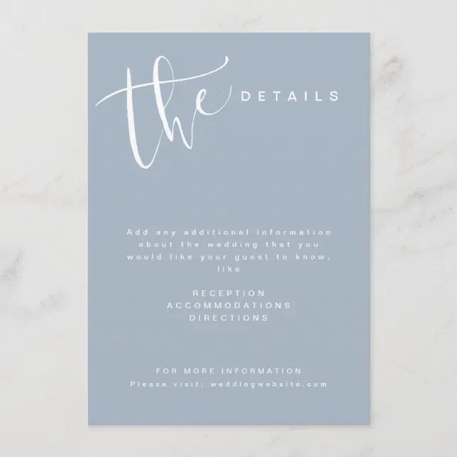 Dusty Blue Modern Simple Script Wedding Details Enclosure Card | Zazzle