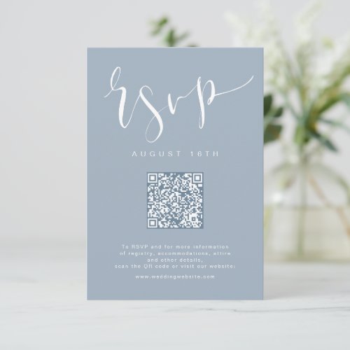 Dusty Blue Modern Simple Script wedding QR code RSVP Card