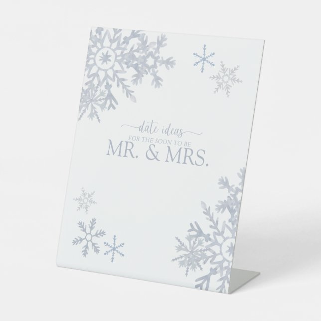 Dusty Blue Modern Snowflake Winter Date Ideas Pedestal Sign (Front)