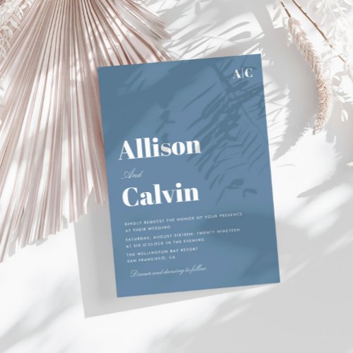 dusty blue modern text wedding invitation