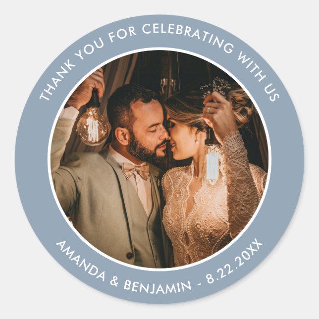 Dusty Blue Modern Thank You Photo Wedding Favor Classic Round Sticker (Front)