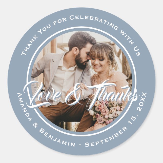 Dusty Blue Modern Thank You Wedding Photo Favor Classic Round Sticker (Front)