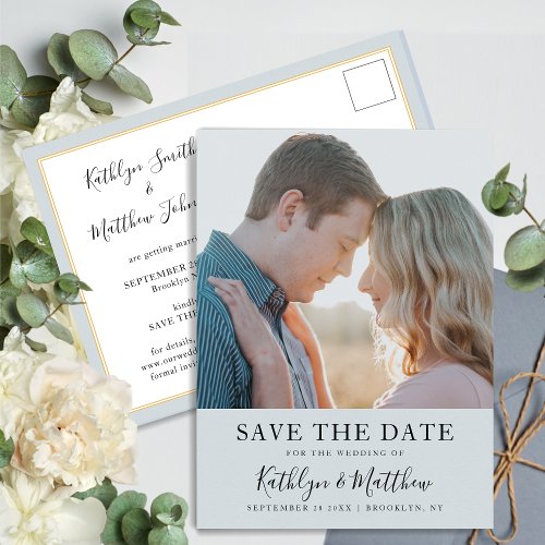 Dusty Blue Modern Typography Simple Photo Wedding Announcement Postcard