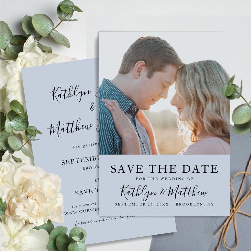 Dusty Blue Modern Typography Simple Photo Wedding Save The Date