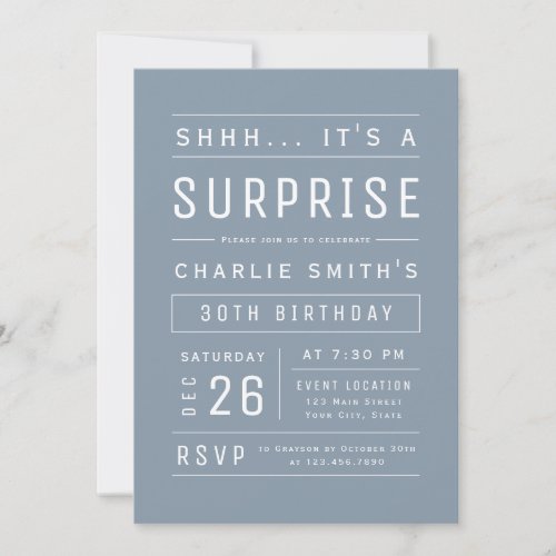 Dusty Blue Modern Typography Surprise Birthday Invitation