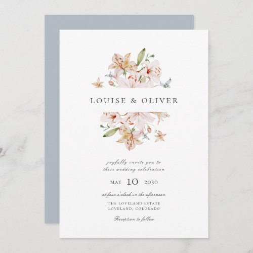 Dusty Blue Modern Watercolor Floral Lilies Wedding Invitation