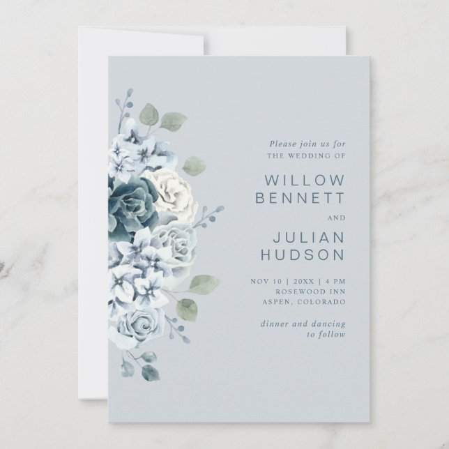 Dusty Blue Modern Watercolor Floral Wedding Invitation (Front)