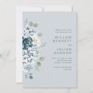 Dusty Blue Modern Watercolor Floral Wedding Invitation