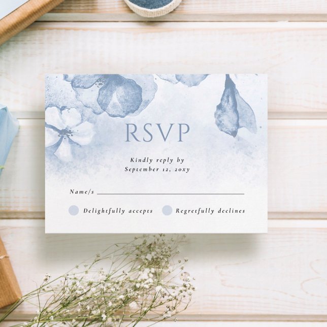 Dusty Blue Modern Watercolor Floral Wedding RSVP Card (Creator Uploaded)