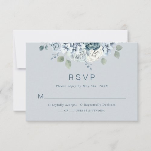 Dusty Blue Modern Watercolor Floral Wedding RSVP Card