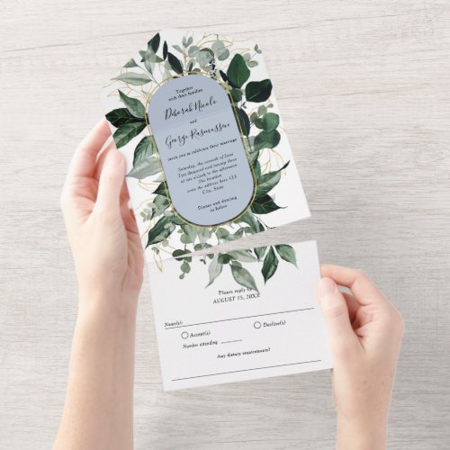 Dusty Blue Modern Watercolor Greenery Boho Arched  All In One Invitation