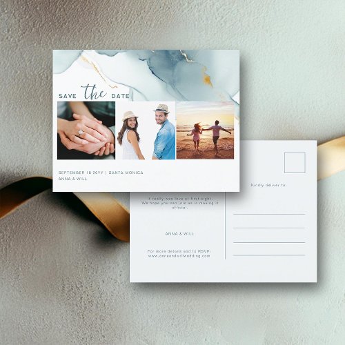 Dusty Blue Modern Wedding 3 Photos Save the Date Postcard