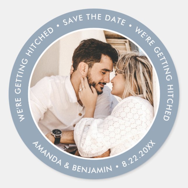 Dusty Blue Modern Wedding Photo Save The Date Classic Round Sticker (Front)