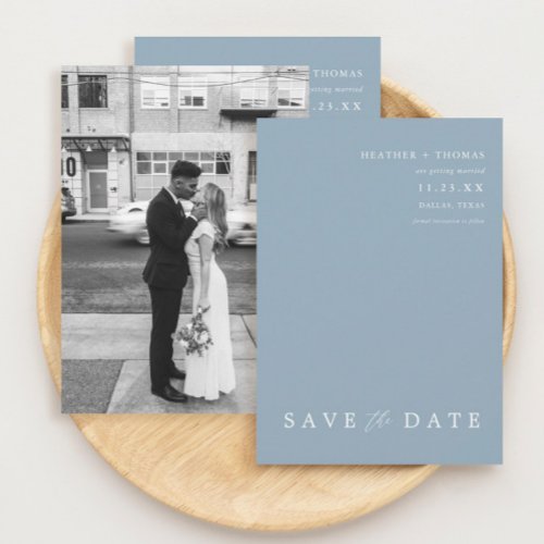 Dusty Blue Modern Wedding Photo Save The Dates Invitation