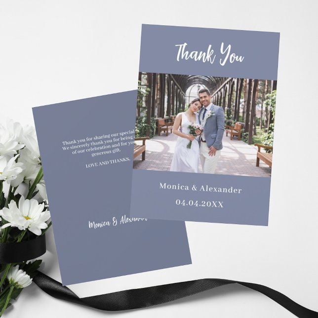 Dusty blue modern wedding photo thank you card (Creator Uploaded)