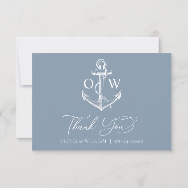 Dusty Blue Monogram Anchor Nautical Wedding Thank You Card (Front)