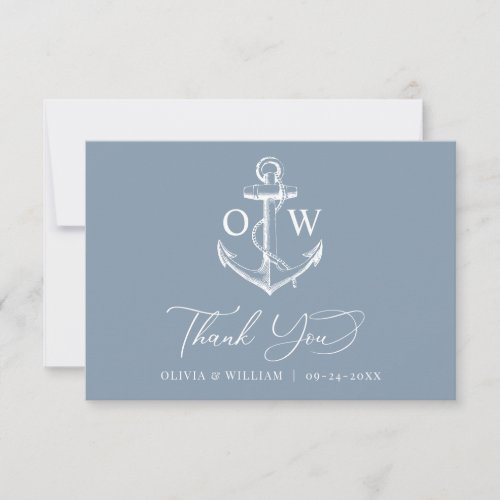 Dusty Blue Monogram Anchor Nautical Wedding Thank You Card