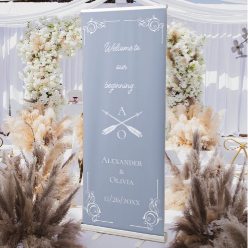 Dusty Blue Monogram and Arrows Wedding Retractable Banner