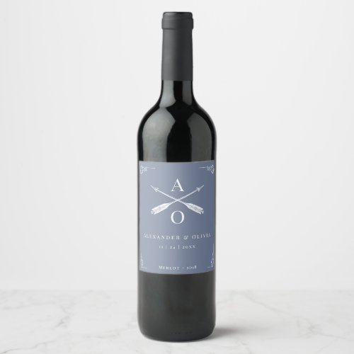 Dusty Blue Monogram and Arrows Wedding Wine Label