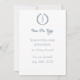 Dusty Blue Monogram and Wreath Save the Date Invitation